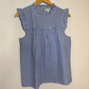 J. Crew Blue and White Pinstriped Striped Ruffle Top